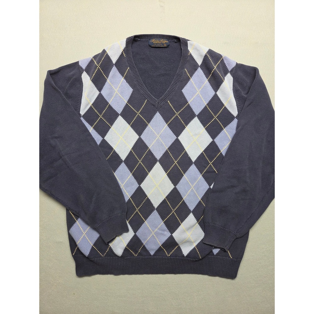 Brooks Brothers Mens XL Argyle V-Neck Sweater Navy Blue Cotton Knit Long Sleeve